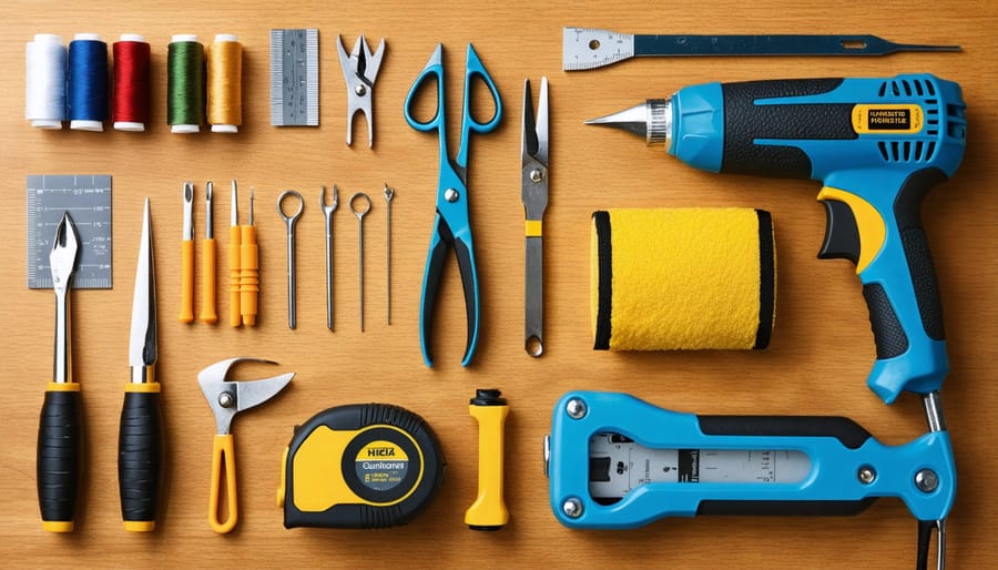Collection of basic upholstery repair tools laid out on a wooden workbench