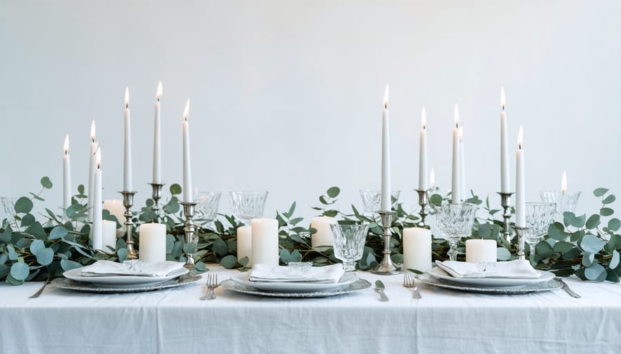White Thanksgiving table with metallic accents and greenery