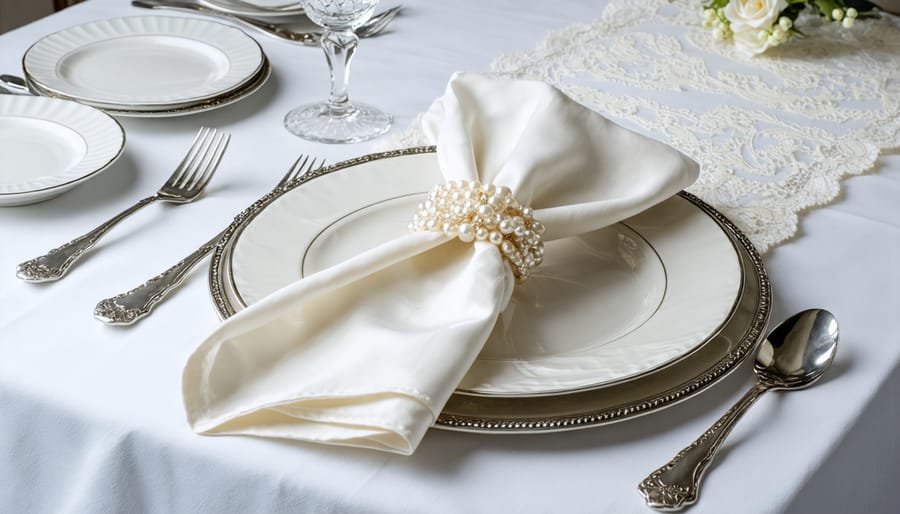 Layered white table linens and place settings with various textures