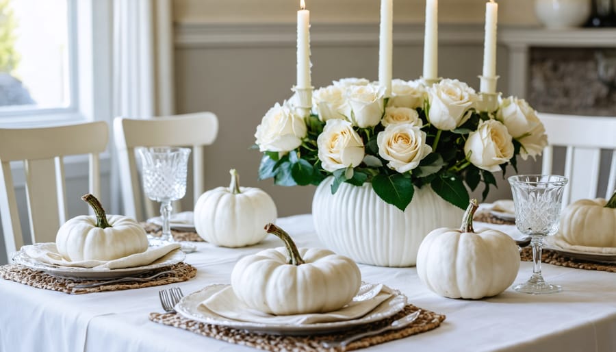 White Thanksgiving centerpiece with pumpkins, flowers, and candles