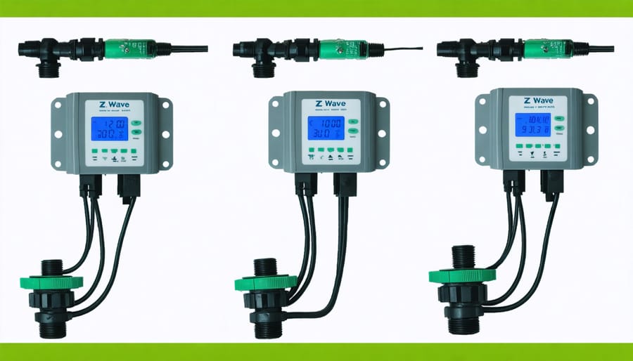 Installation process of Z-Wave irrigation controller showing controller mounting and wire connections