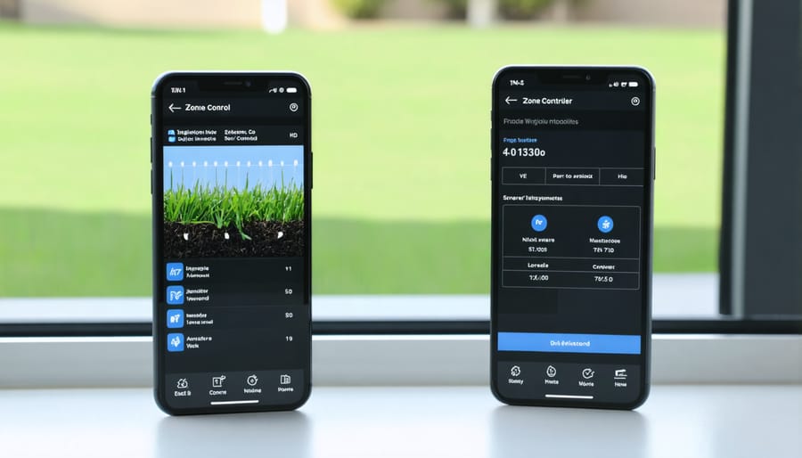 Mobile app interface for Z-Wave irrigation controller displaying zone management and scheduling features