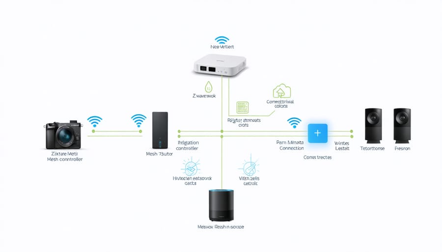 Z-Wave mesh network diagram illustrating smart irrigation system connectivity