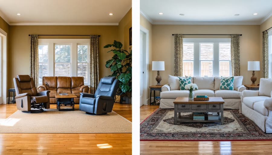 Before and after comparison of a living room featuring adaptive furniture solutions for aging in place