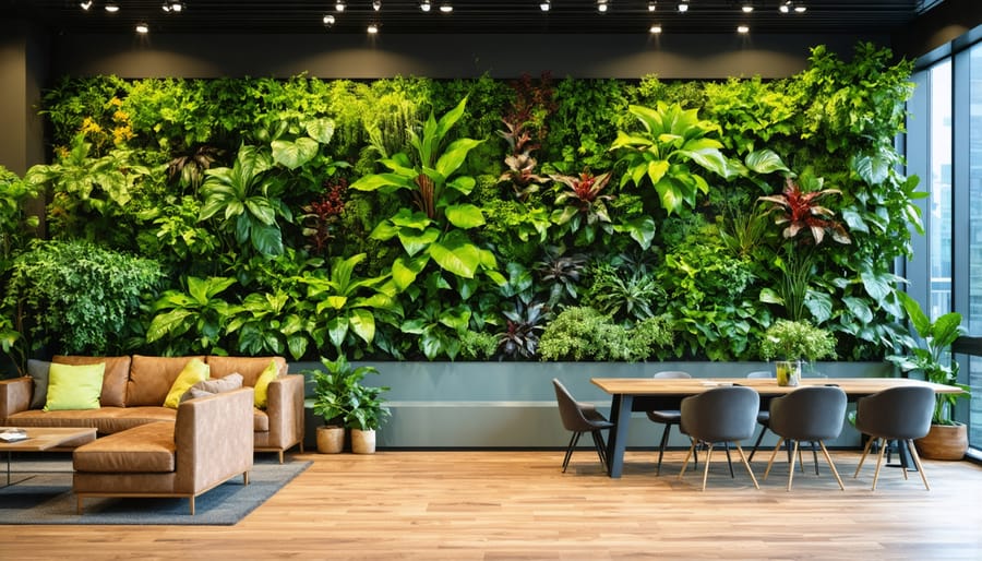 Living green wall installation in a contemporary office with wooden furniture and natural lighting