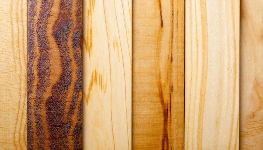 Display of different wood types used in colonial American furniture making
