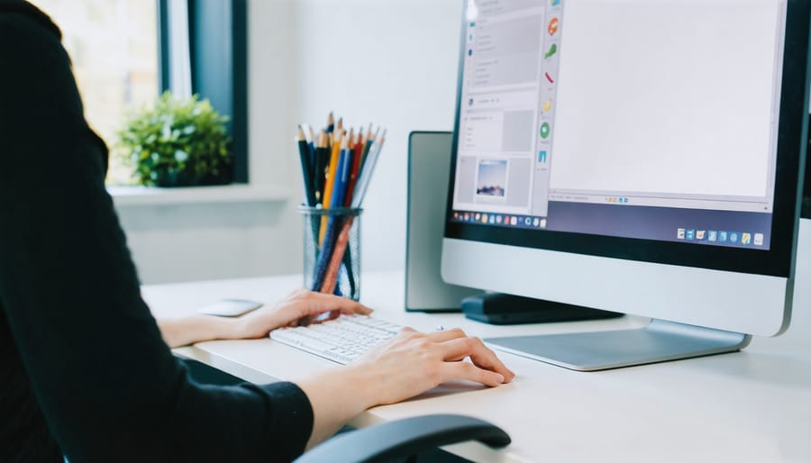 Side view of person with proper posture at desk showing correct monitor height and keyboard placement