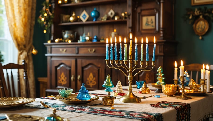 A cozy living room with a mid-century modern menorah in brass, surrounded by vintage Hanukkah decorations, including hand-painted dreidels and glass ornaments, capturing a nostalgic holiday atmosphere.