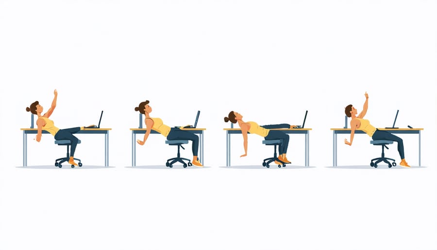 Four panel illustration showing different desk stretches and movements for maintaining comfort