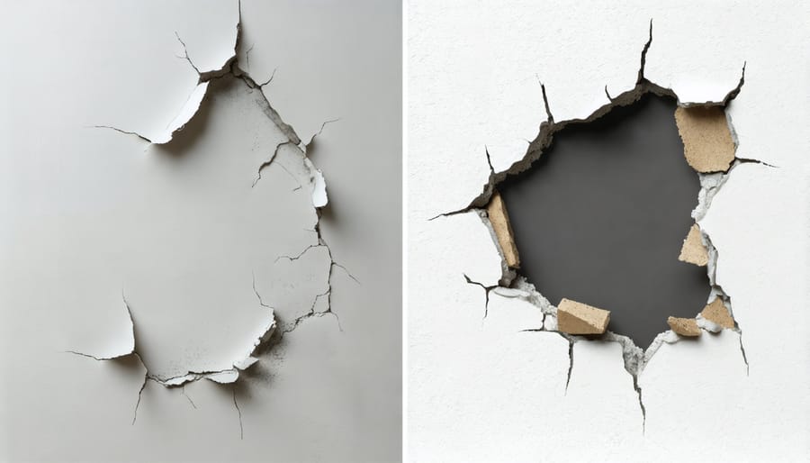 Side-by-side comparison of damaged drywall and professionally patched result