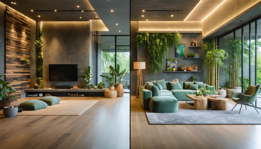 A modern living room with a split design; one half features sustainable materials such as reclaimed wood and recycled glass, and the other half showcases traditional interior design materials.