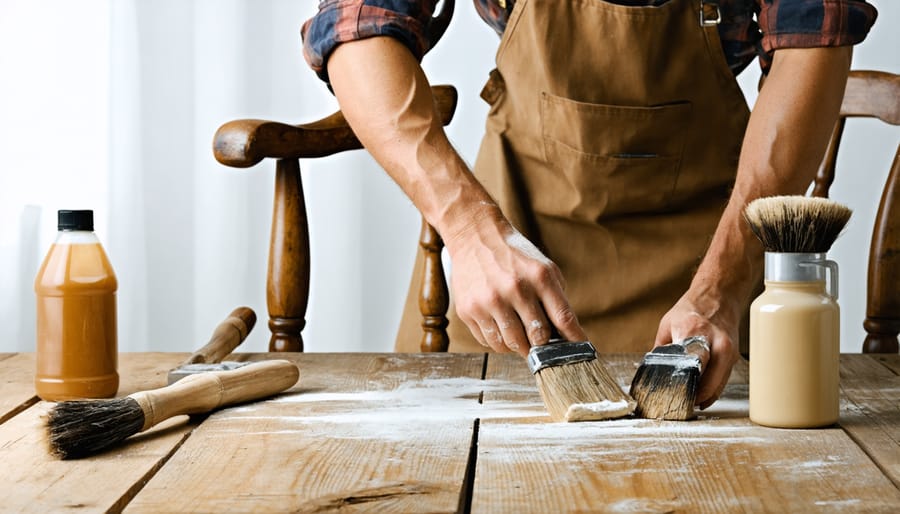 Furniture restorer applying eco-friendly wood finish to an antique chair