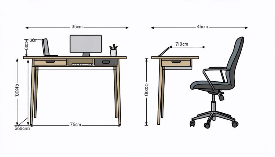 Ergonomic desk setup diagram showing ideal heights, angles, and distances for chair and desk positioning