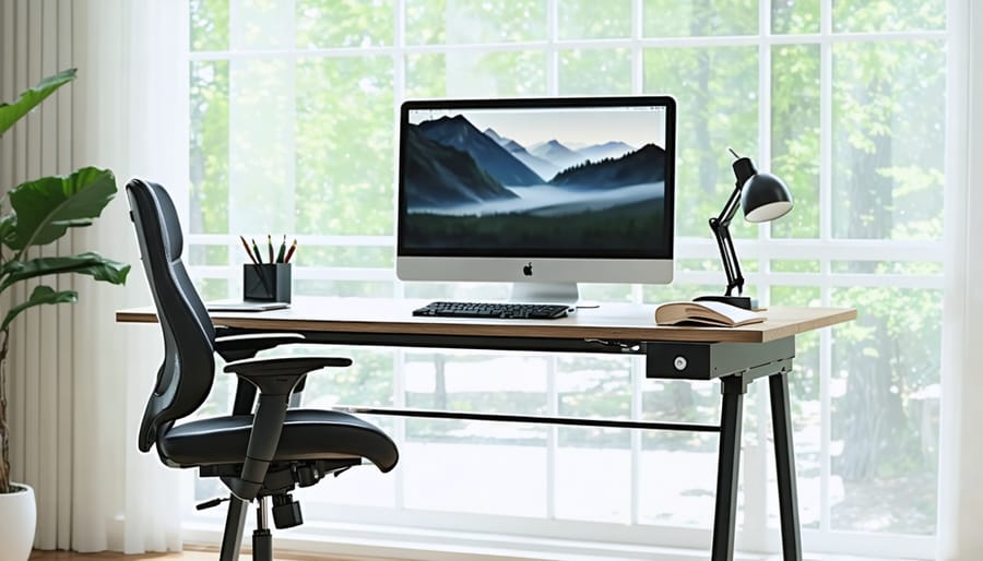 An illustration of a remote work setup featuring a desk with a perfectly positioned ergonomic chair, monitor at eye level, and keyboard placed for comfortable typing. The setup includes a sit-stand desk option and highlights the importance of movement breaks for a healthy work environment.