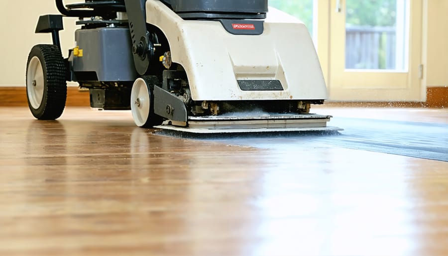 Professional contractor operating a drum sander on wooden flooring during refinishing process