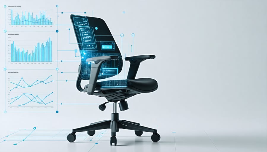 Split-screen comparison of physical office chair and its digital twin representation with data metrics