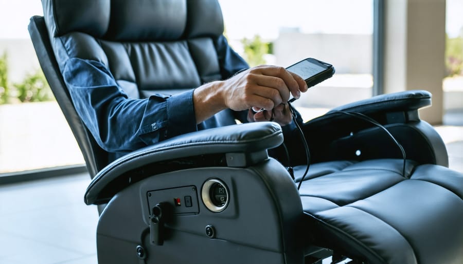 Professional technician performing electronic furniture repair with diagnostic equipment