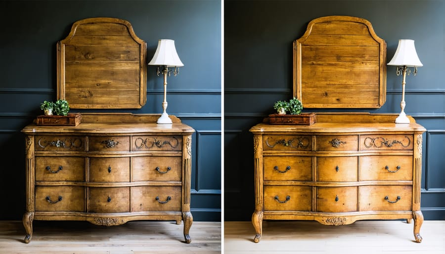 Side-by-side comparison of damaged wooden dresser before restoration and after professional restoration