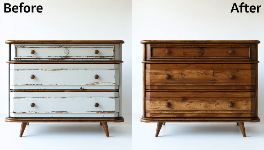 Split image showing a damaged dresser before repair and its restored condition after