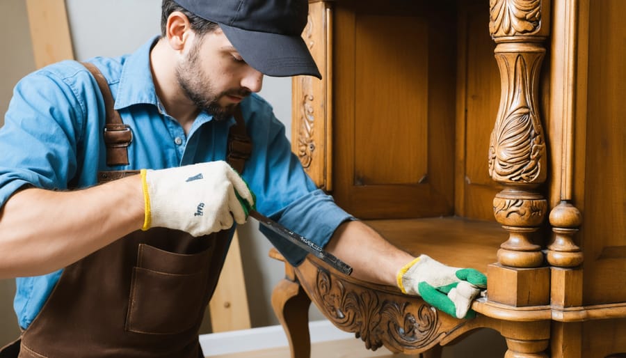 Craftsperson carefully restoring intricate woodwork on an antique chair