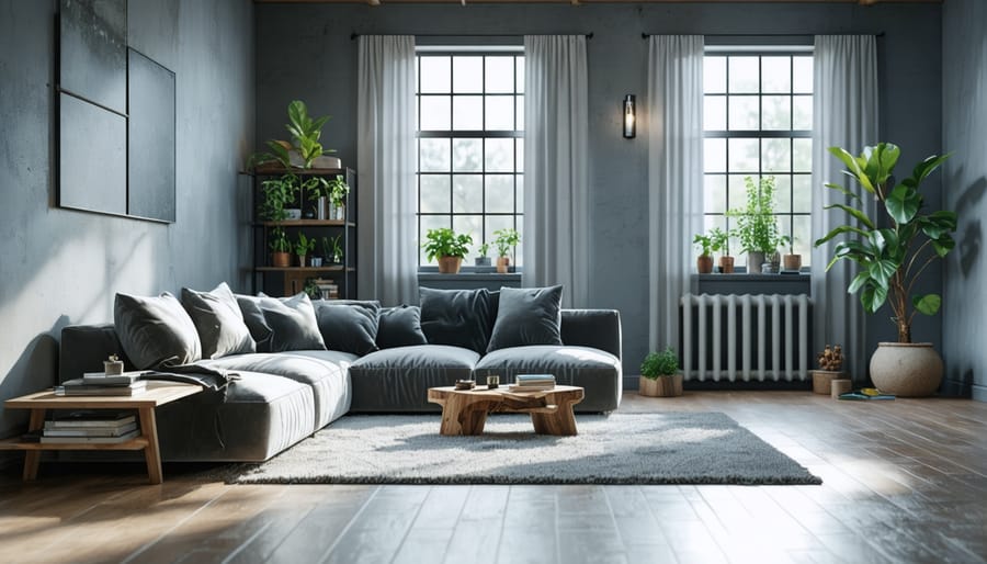 Sophisticated living room design showcasing various grey tones and textures