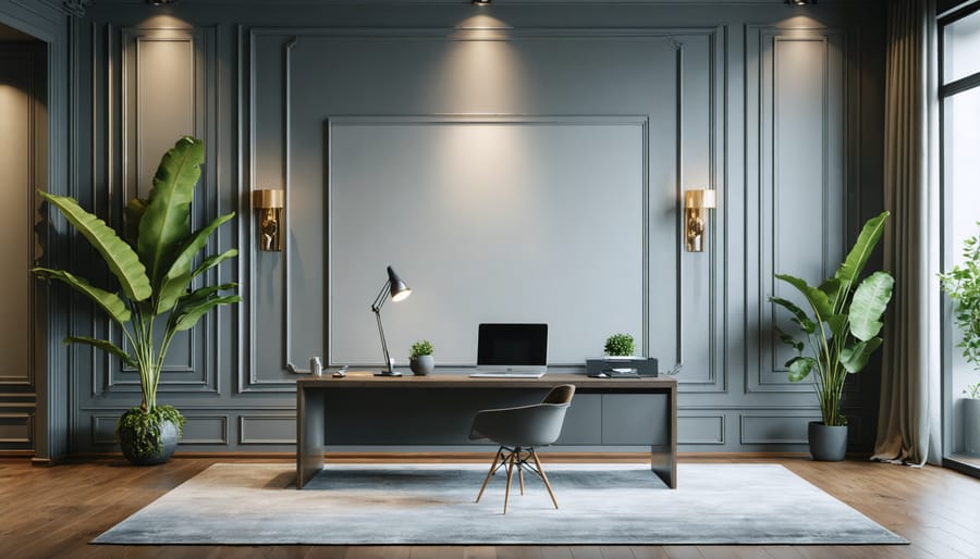 Professional home office space utilizing grey color scheme for focus and productivity