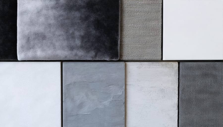 Collection of grey interior design materials showing different textures and finishes