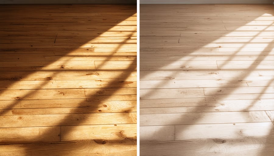 Side-by-side comparison of a hardwood floor before and after refinishing, showing significant improvement