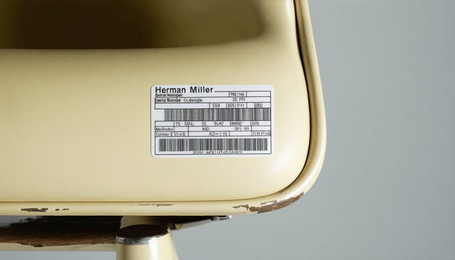 Close-up of Herman Miller furniture serial number tag showing date and model codes