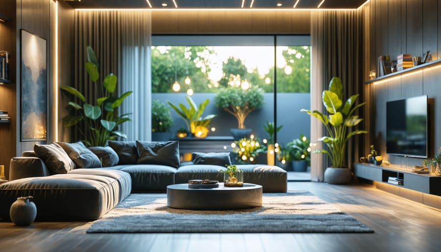 Tastefully integrated smart lighting solutions in a contemporary living room setting