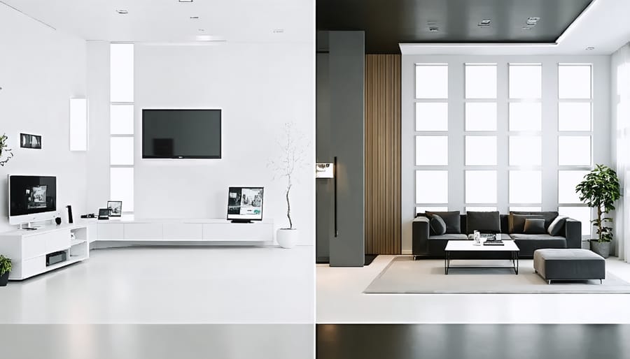 Before and after comparison of a room with visible versus concealed technology