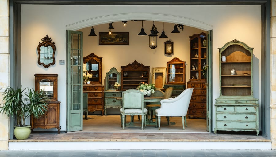 Professionally staged retail space featuring restored vintage furniture pieces with strategic lighting and decor