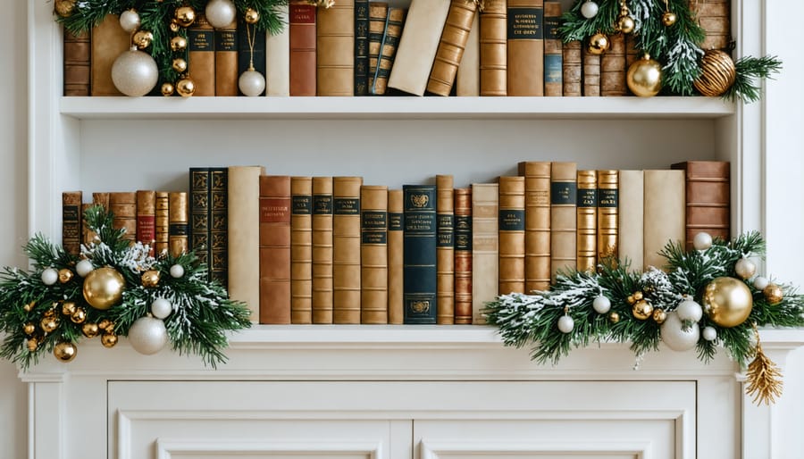 Holiday-decorated bookshelf showing layered styling techniques with seasonal elements