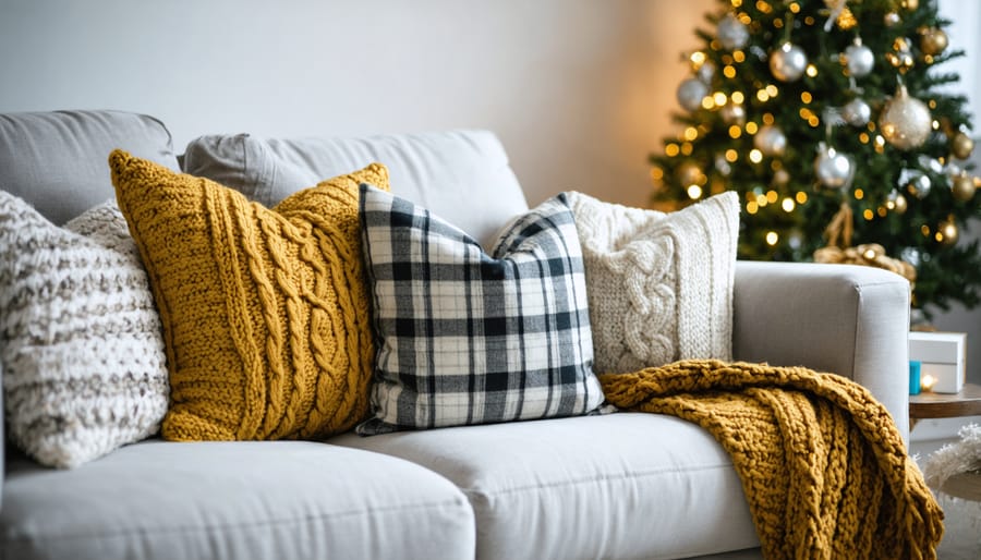 Upholstered sofa styled with seasonal textiles and holiday accessories