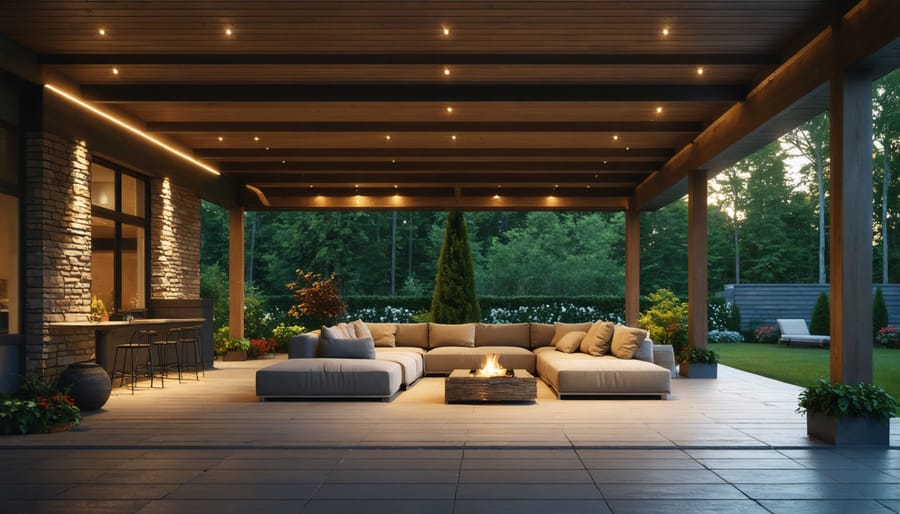 Well-lit indoor-outdoor space demonstrating effective lighting design for evening use