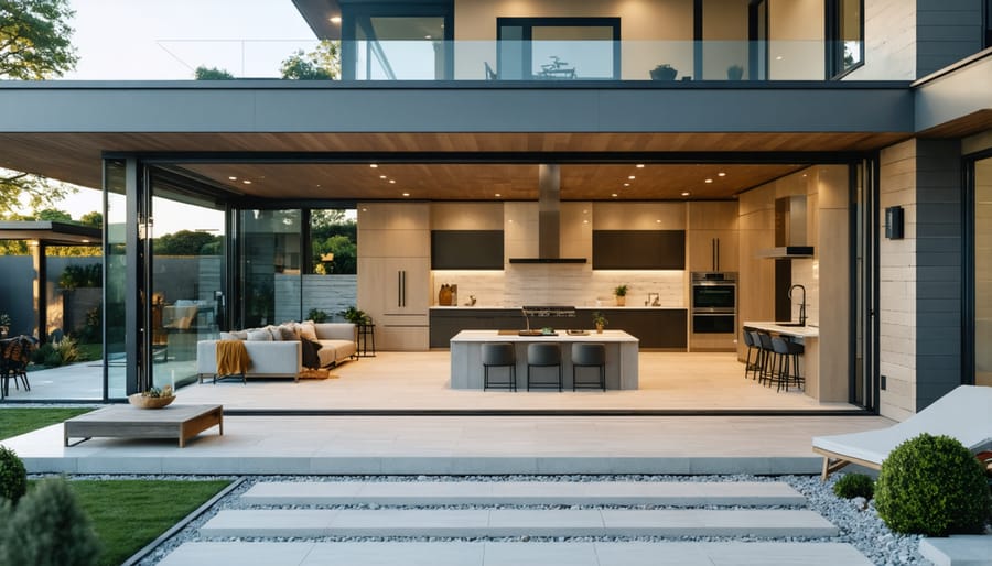 Seamless transition between indoor living room and outdoor patio through large glass doors