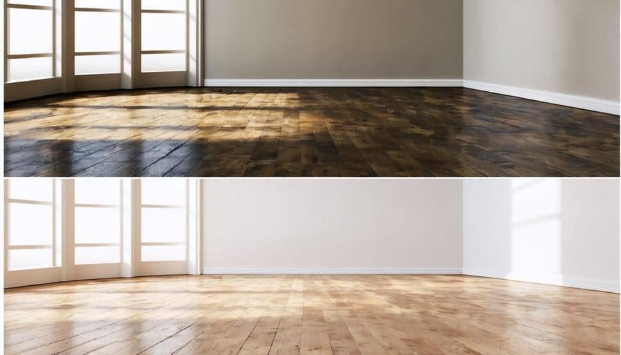 Side-by-side comparison showing room transformation with laminate flooring