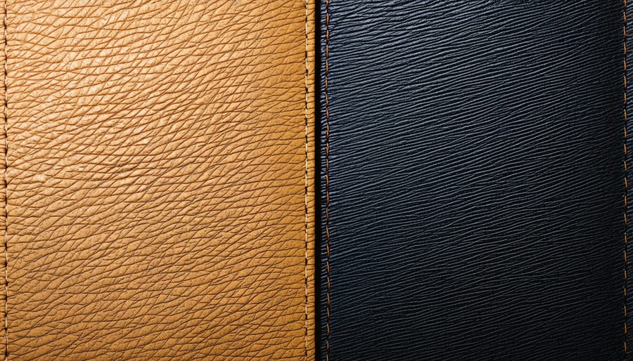 Split image showing damaged leather before repair and restored leather after proper filler application
