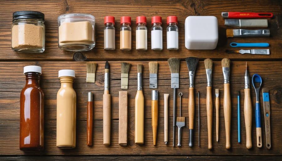 Different types of leather repair fillers, color matching tools, and application instruments arranged on a workspace