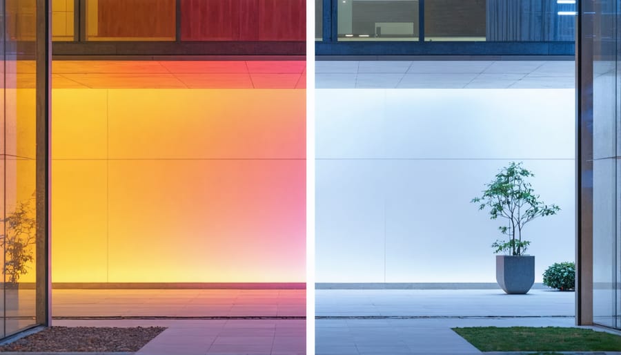 Side-by-side comparison of warm and cool lighting effects in an urban courtyard