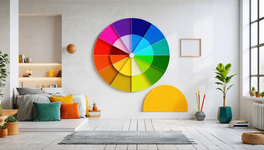 Maximalist color wheel diagram with sample room applications showing bold color combinations