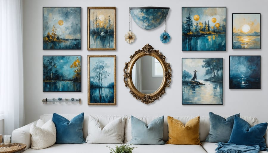Curated gallery wall displaying diverse art pieces and personal collections in maximalist style