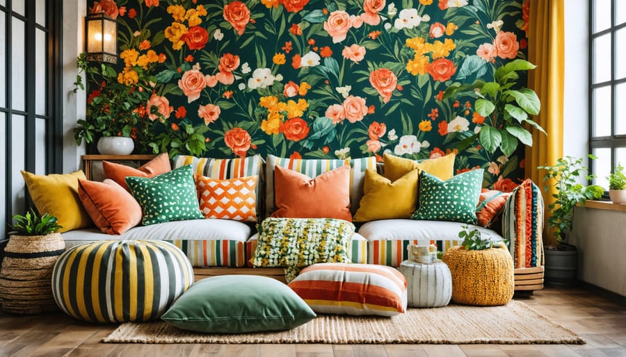 Maximalist living room with layered patterns featuring floral wallpaper, geometric cushions, and mixed textiles
