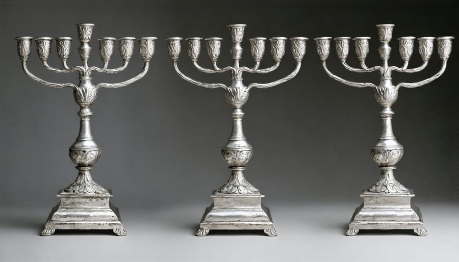 Before and after photos showing the restoration stages of a vintage silver menorah