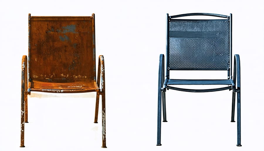 Before and after comparison of metal patio chair restoration showing rust removal and refinishing