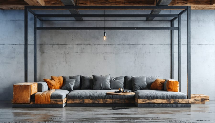 Contemporary dining table combining raw steel frame with restored wooden top exemplifying modern industrial design