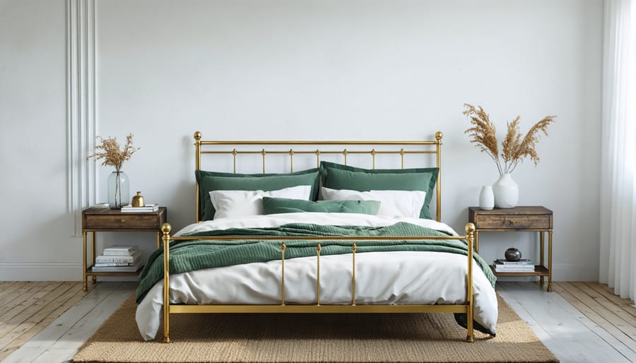 Bedroom combining vintage brass bed with modern styling and accessories