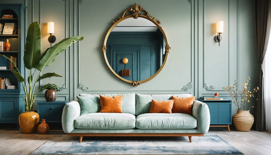 "A living room blending modern vintage style with a mid-century modern sofa, contemporary lighting, and vintage decorative elements."