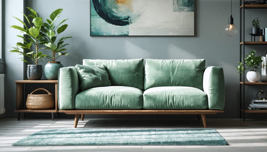 Modern vintage living room with classic mid-century sofa and contemporary lighting