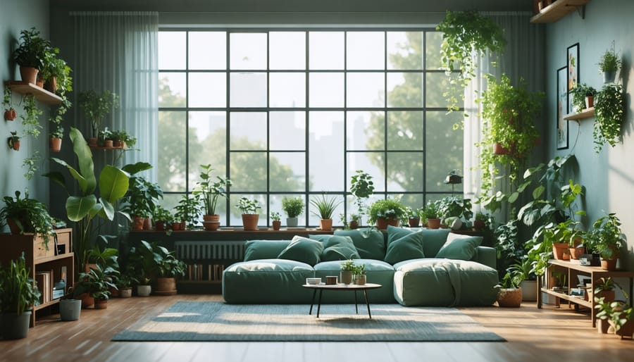 Bright interior space with large windows connecting to nature, featuring strategically placed houseplants